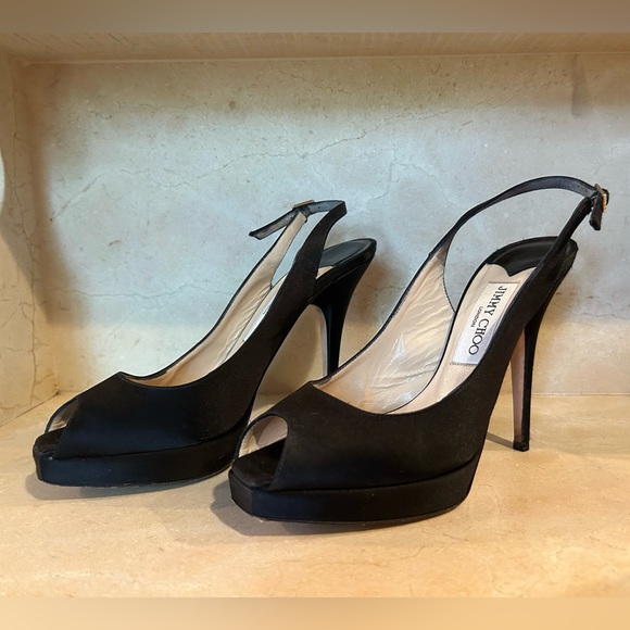 Jimmy Choo Black Satin Peep Toe Platform Slingback Heel - Picture 3 of 7